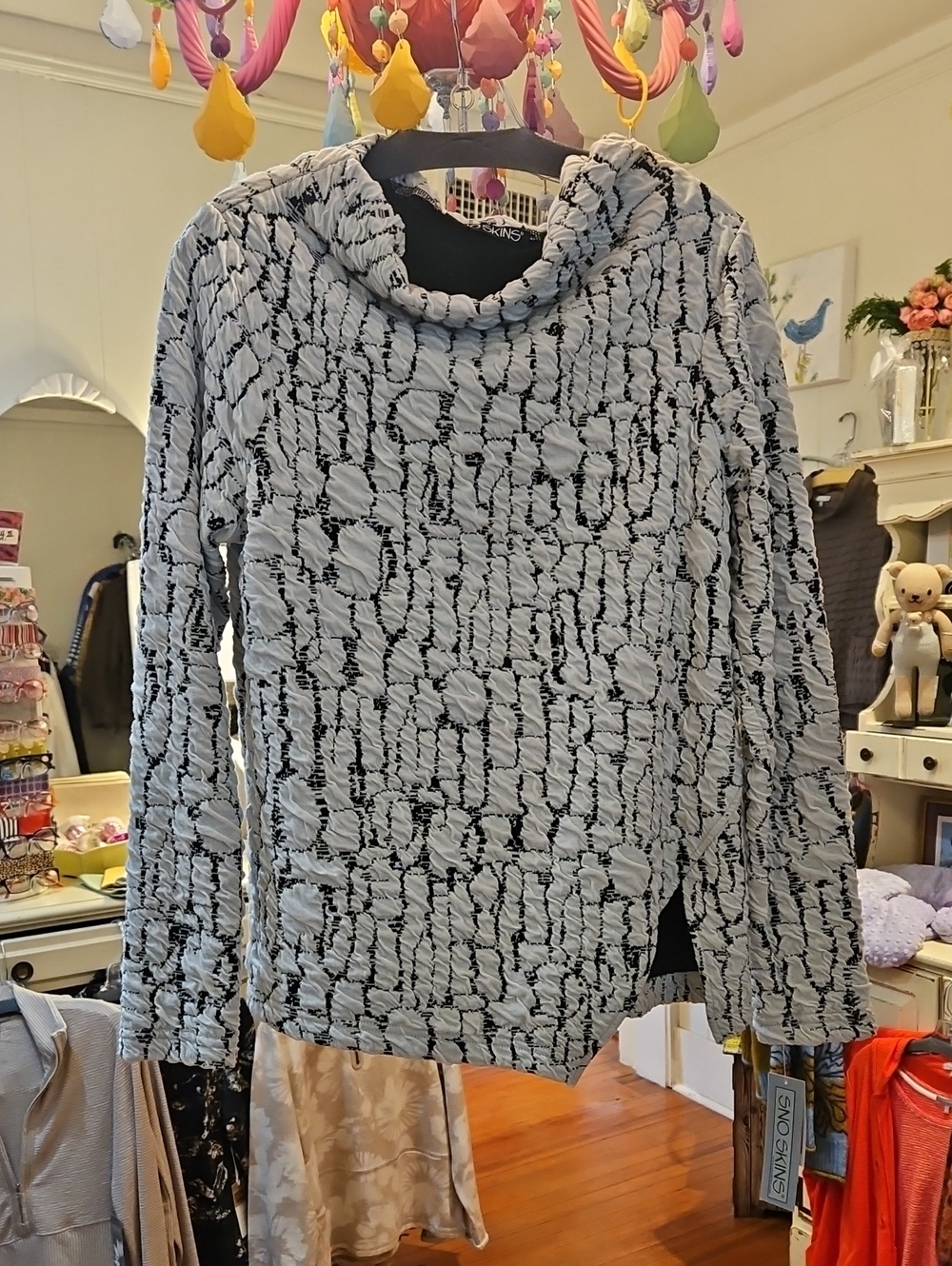 SNO SKINS Black and White Textured Cowl Neck Top